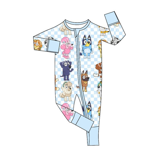 Baby Infant Boys Blue Checkered Dogs Zip Rompers preorder