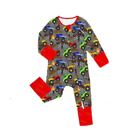 Baby Infant Boys Trucks Red Zip Long Sleeve Rompers preorder