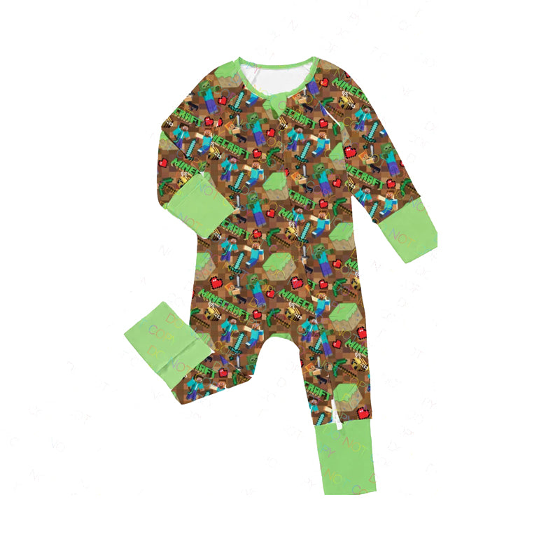 Baby Infant Boys Game Green Zip Long Sleeve Rompers preorder