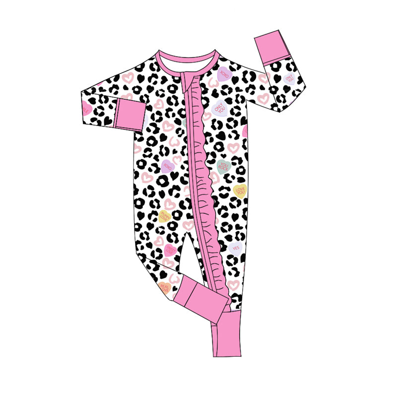 Baby Infant Girls Valentines Leopard Hearts Ruffle Zip Rompers preorder