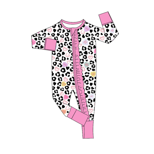 Baby Infant Girls Valentines Leopard Hearts Ruffle Zip Rompers preorder