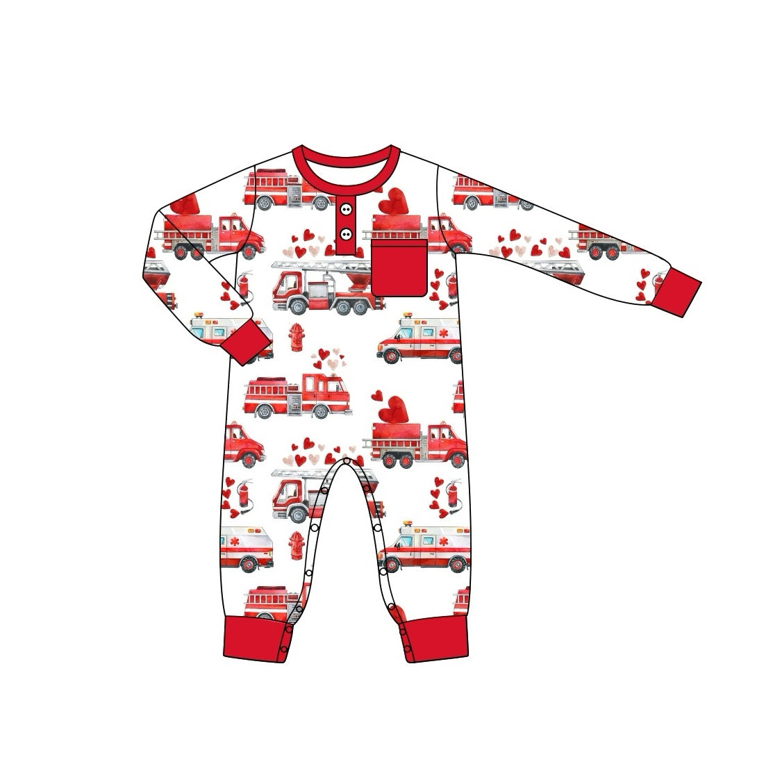 Baby Infant Boys Firetrucks Hearts Valentines Pocket Rompers preorder