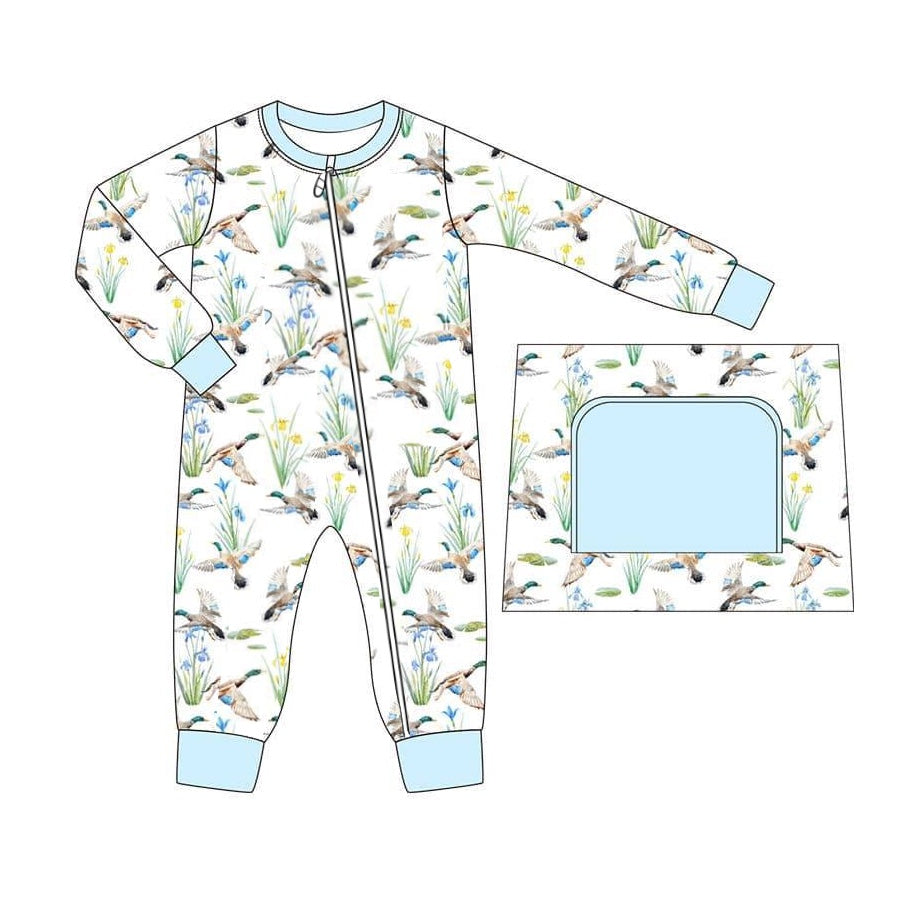 Baby Infant Boys Blue Mallard Ducks Hunting Zip Rompers preorder