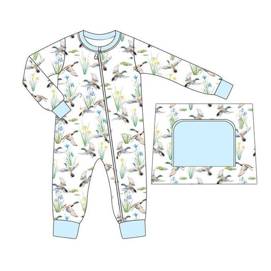 Baby Infant Boys Blue Mallard Ducks Hunting Zip Rompers preorder