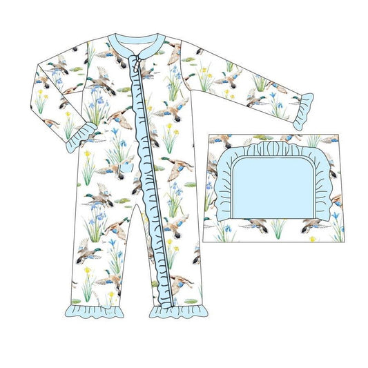 Baby Infant Girls Blue Mallard Ducks Hunting Zip Rompers preorder