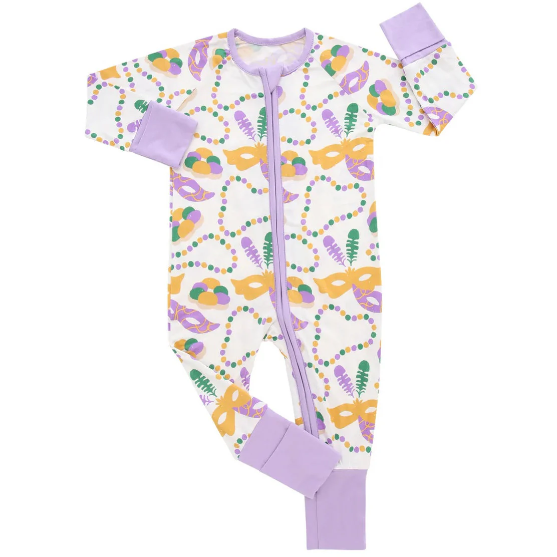 Baby Infant Girls Mardi Gras Masks Lavender Zip Rompers preorder