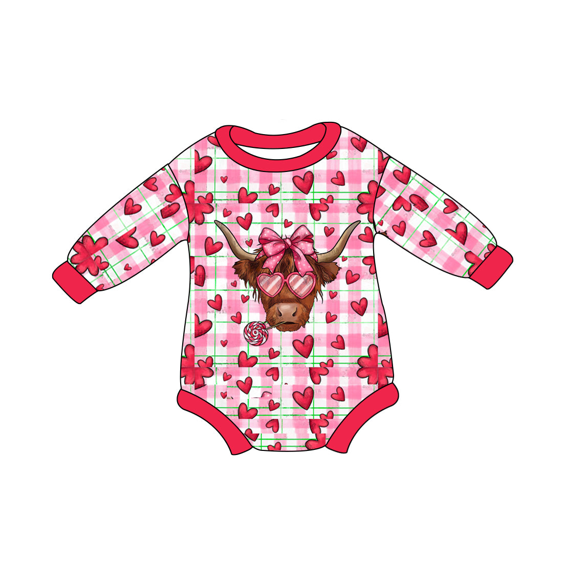 Baby Infant Girls Valentines Highland Cow Hearts Rompers preorder