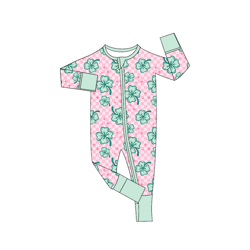 Baby Infant Girls St Patrick Quatrefoils Zip Rompers preorder