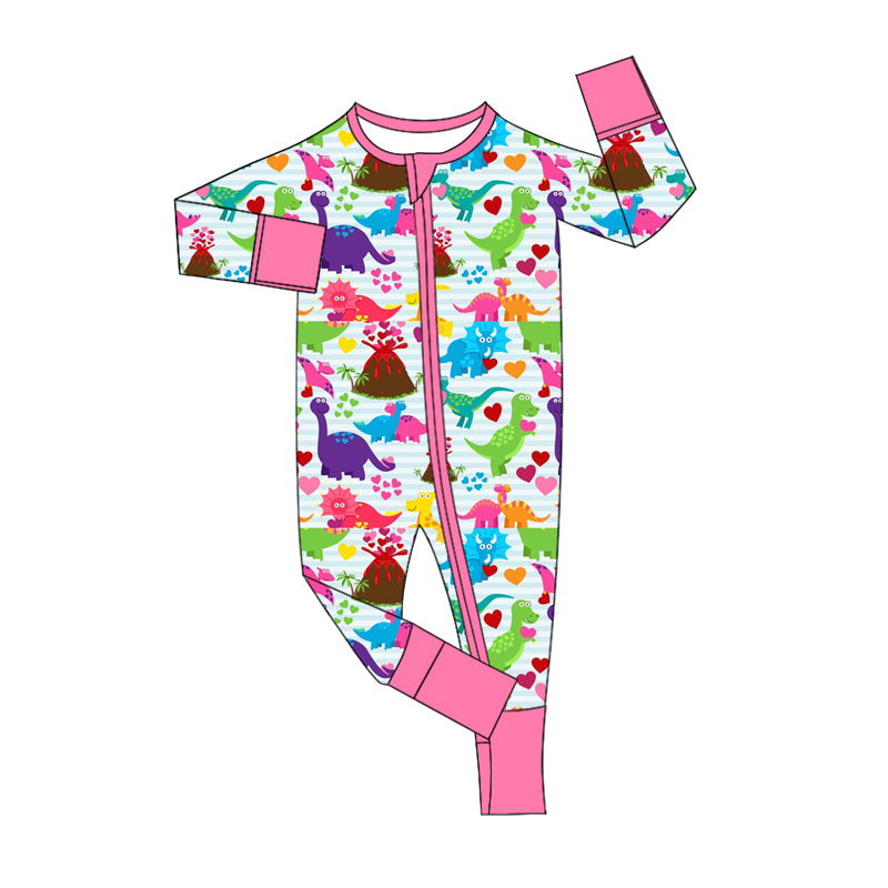 Baby Infant Girls Valentines Dinosaurs Hearts Zip Long Sleeve Rompers preorder