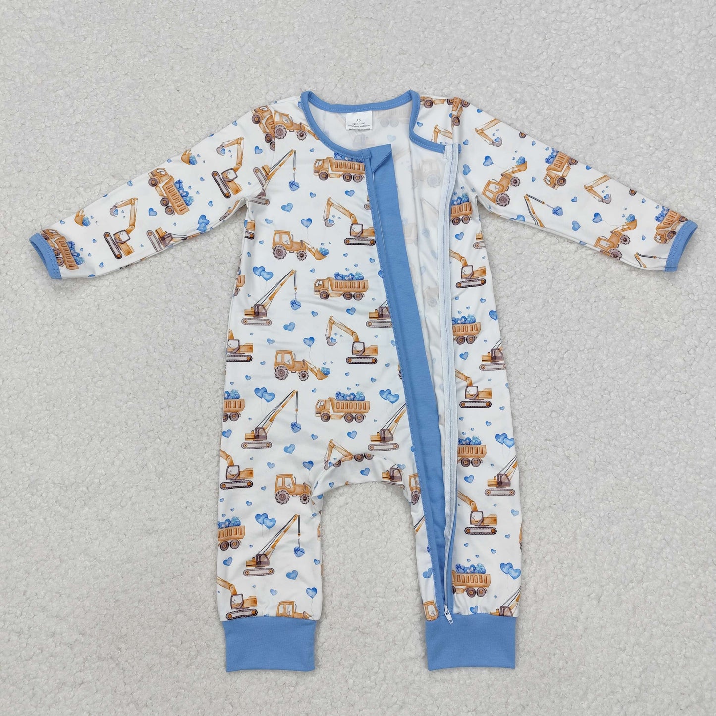 Sibling Baby Boys Blue Hearts Excavators Valentines Hoodie Top Zipper Convertible Rompers