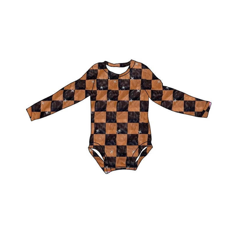 Baby Infant Brown Black Checkered Long Sleeve Rompers preorder