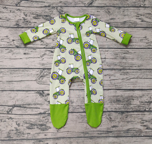 Baby Boys Green Tractor Footie Zip Rompers