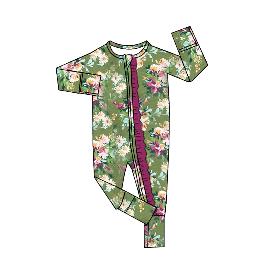 Baby Infant Girls Green Flowers Spring Zip Rompers preorder