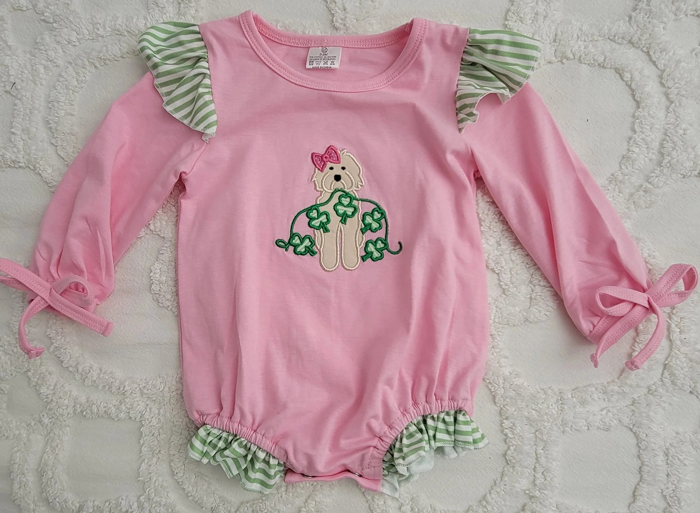 Baby Infant Girls St Patrick Dog Quatrefoil Rompers preorder