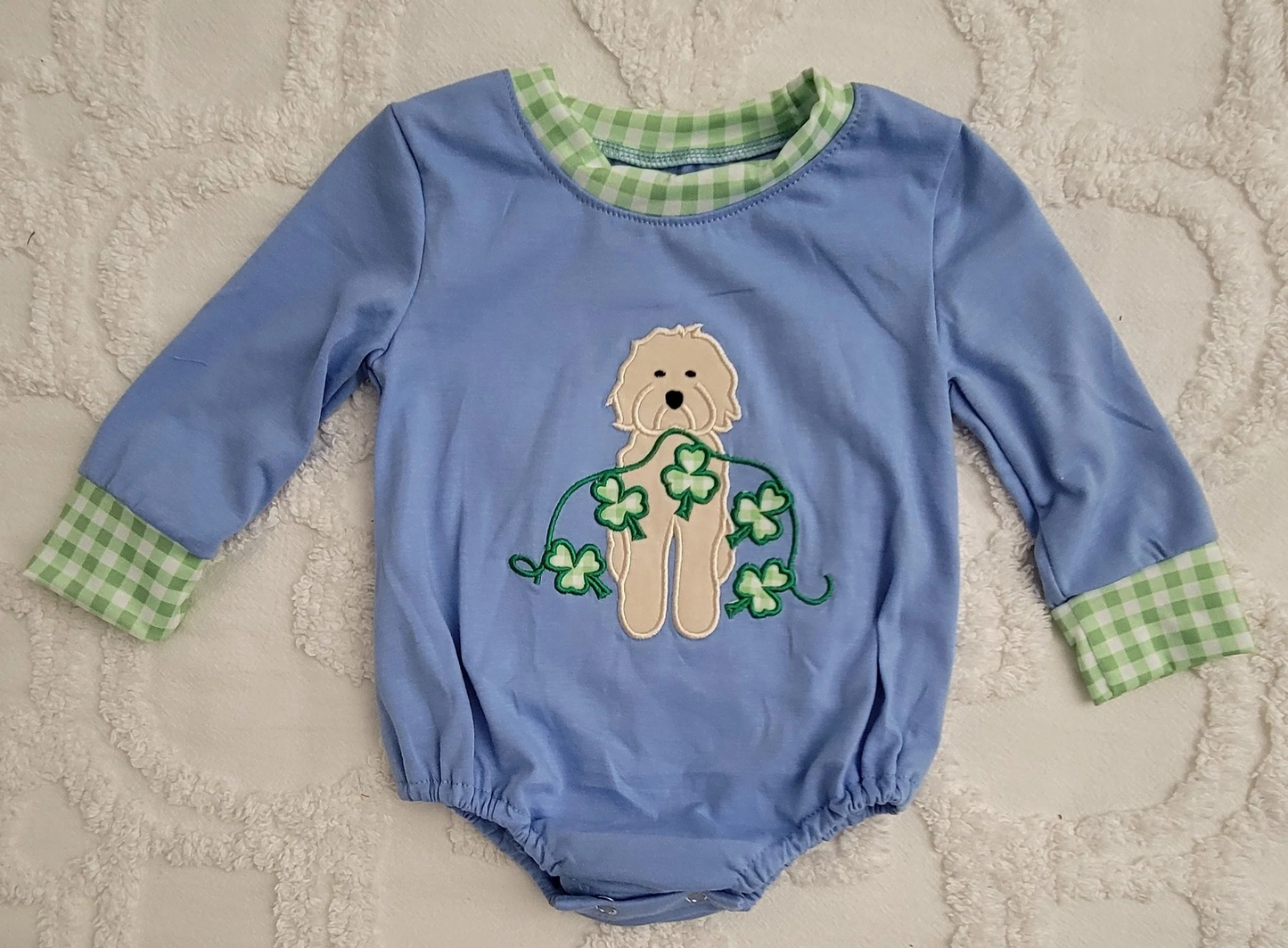 Baby Infant Boys St Patrick Dog Quatrefoil Rompers preorder