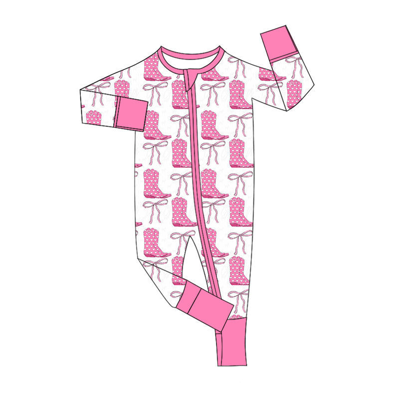 Baby Infant Girls Pink Boots Bows Zip Rompers preorder