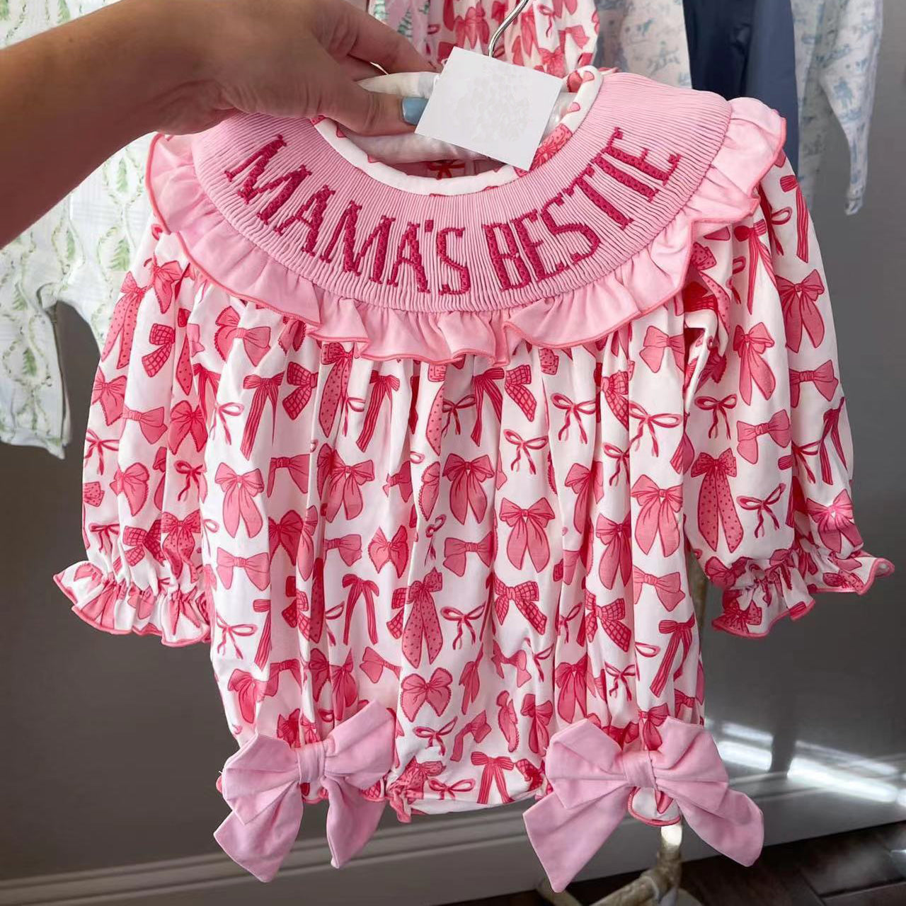 Baby Infant Girls Pink Bows Mama's Bestie Rompers preorder