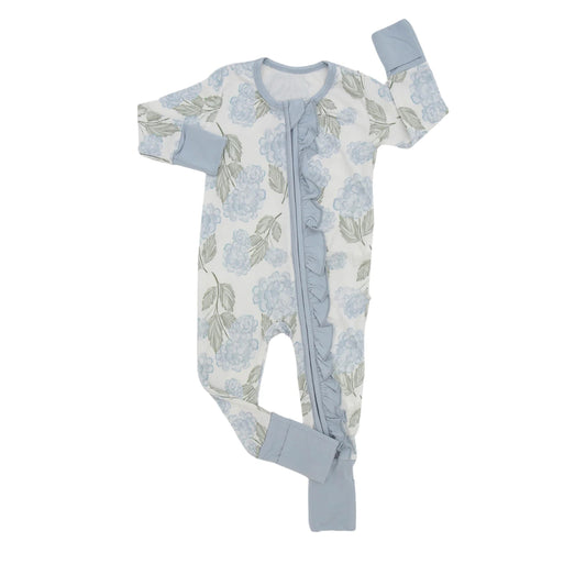 Baby Infant Girls Ruffles Blue Flowers Zip Rompers preorder