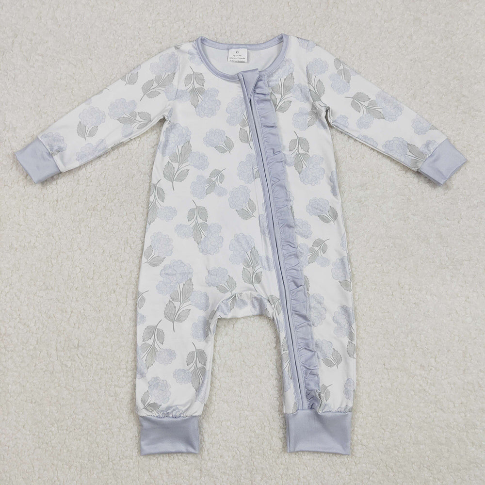 Baby Infant Girls Ruffles Blue Flowers Zip Rompers