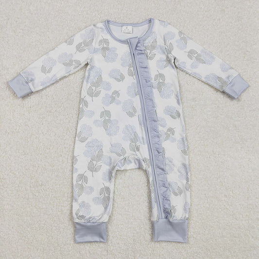 Baby Infant Girls Ruffles Blue Flowers Zip Rompers