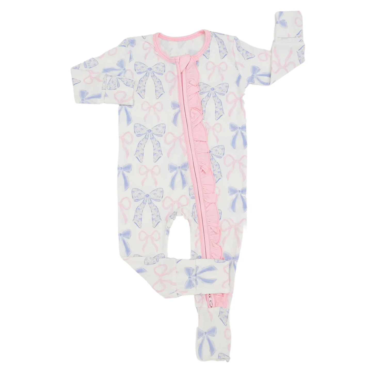 Baby Infant Girls Pink Ruffles Blue Bows Zip Rompers preorder