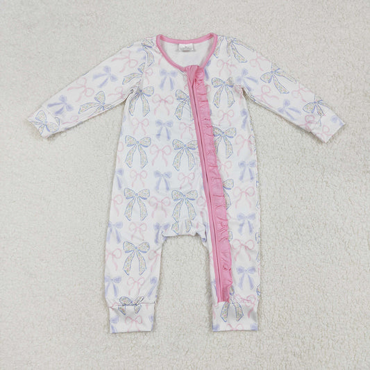 Baby Infant Girls Pink Ruffles Blue Bows Zip Rompers