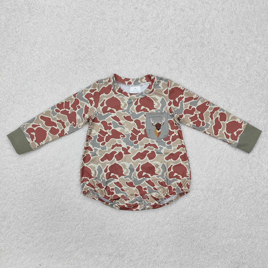 Baby Infant Boys Green Camo Deer Pocket Long Sleeve Rompers