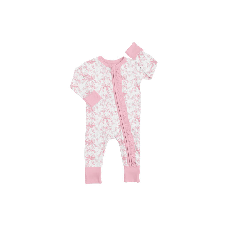 Baby Infant Girls Pink Bows Ruffles Zip Rompers preorder