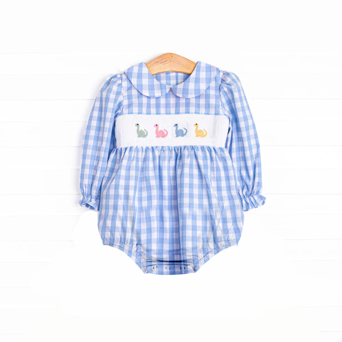 Baby Infant Girls Blue Plaid Long Ruffle Sleeves Dinosaurs Smocked Rompers Preorder