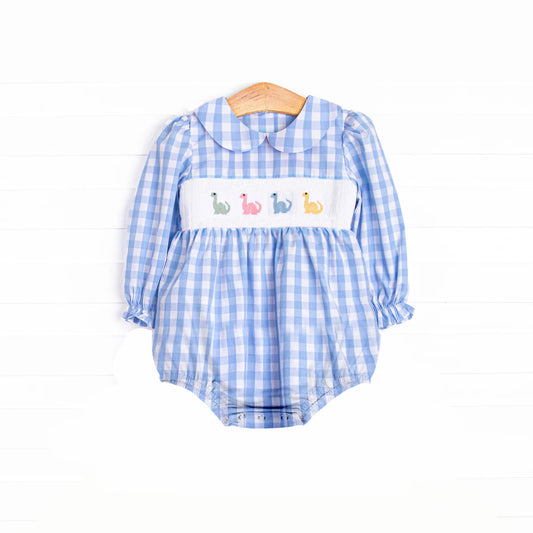 Baby Infant Girls Blue Plaid Long Ruffle Sleeves Dinosaurs Smocked Rompers Preorder