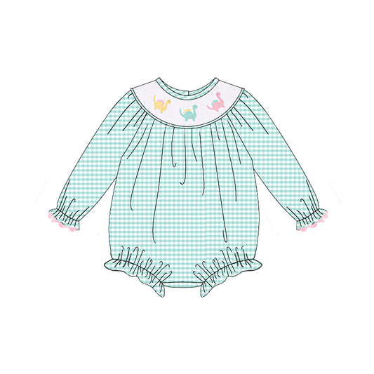 Baby Infant Girls Aqua Plaid Long Ruffle Sleeves Dinosaurs Smocked Rompers Preorder