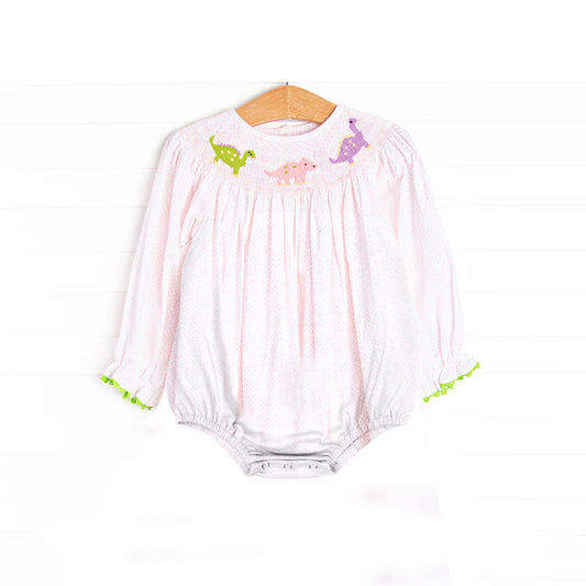 Baby Infant Girls Pink Long Ruffle Sleeves Dinosaurs Smocked Rompers Preorder