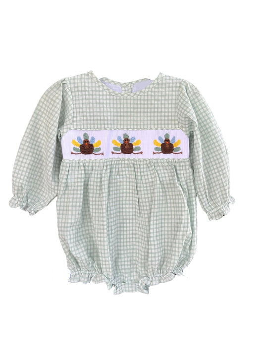 Baby Infant Girls Aqua Plaid Long Ruffle Sleeves Turkey Smocked Rompers Preorder