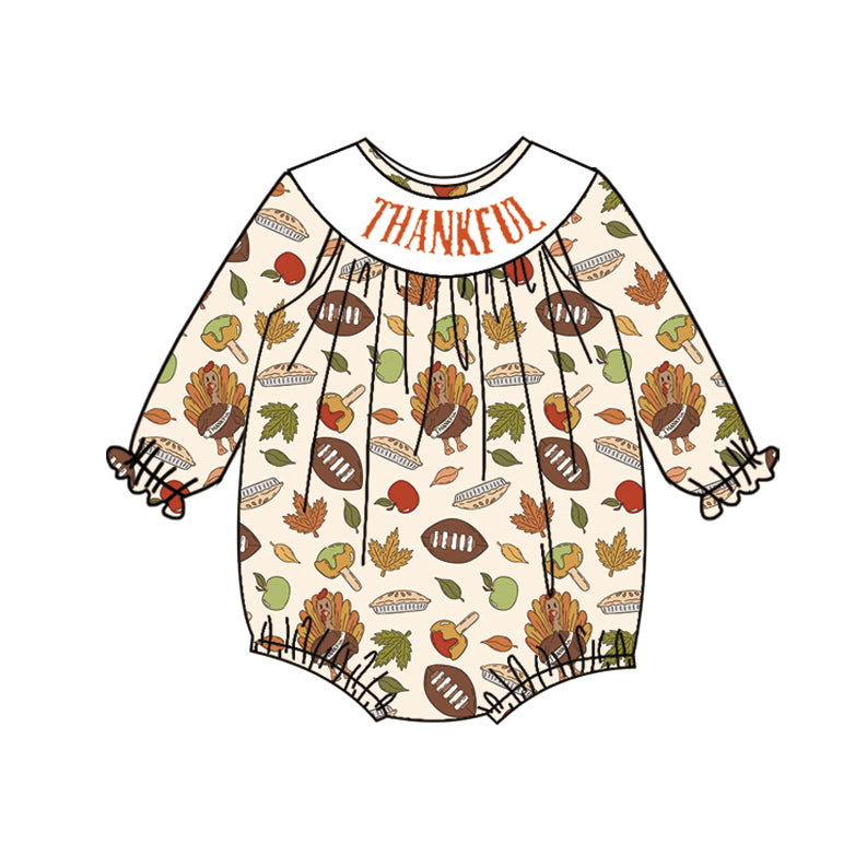 Baby Infant Girls Long Ruffle Sleeves Turkey Footballs Smocked Rompers Preorder