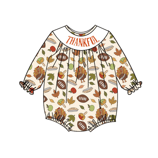 Baby Infant Girls Long Ruffle Sleeves Turkey Footballs Smocked Rompers Preorder