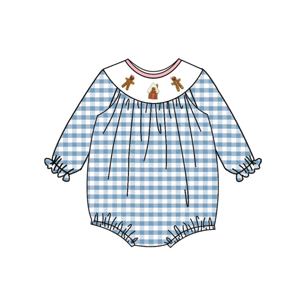 Baby Infant Girls Blue Plaid Long Ruffle Sleeves Gingerbread Smocked Rompers Preorder