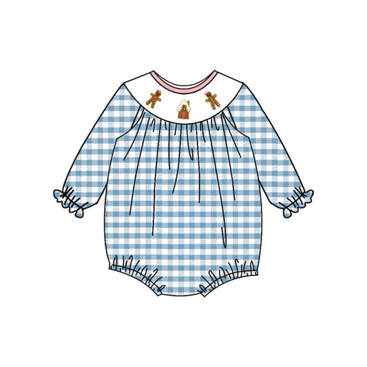 Baby Infant Girls Blue Plaid Long Ruffle Sleeves Gingerbread Smocked Rompers Preorder