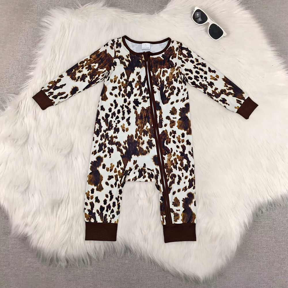 Sibling Baby Girls Summer Cow Print Bow Knee Length Dress Jumpsuit Zipper Rompers