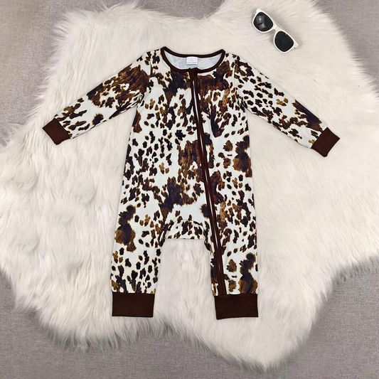 Sibling Baby Girls Summer Cow Print Bow Knee Length Dress Jumpsuit Zipper Rompers
