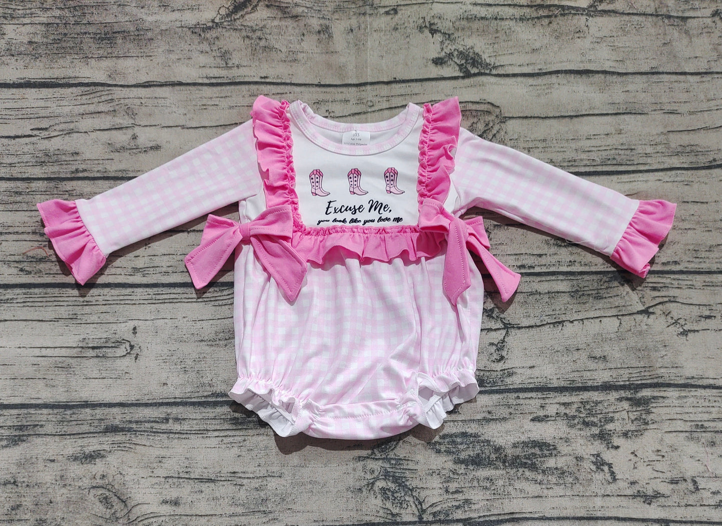 Baby Infant Girls Pink Plaid Boots Bows Rompers