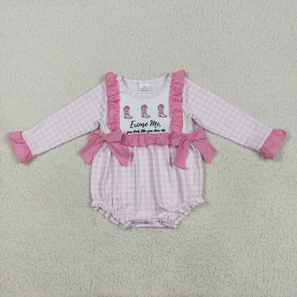 Baby Infant Girls Pink Plaid Boots Bows Rompers