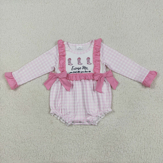 Baby Infant Girls Pink Plaid Boots Bows Rompers