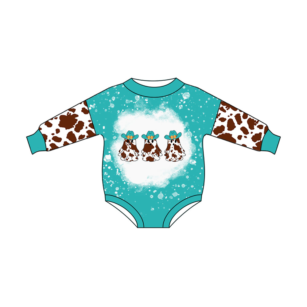 Baby Infant Girls Blue Long Sleeves Cow Print Hats Ghosts Rompers Preorder