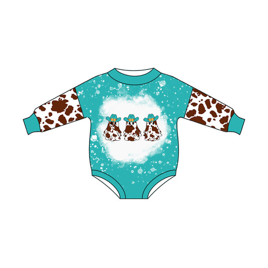 Baby Infant Girls Blue Long Sleeves Cow Print Hats Ghosts Rompers Preorder