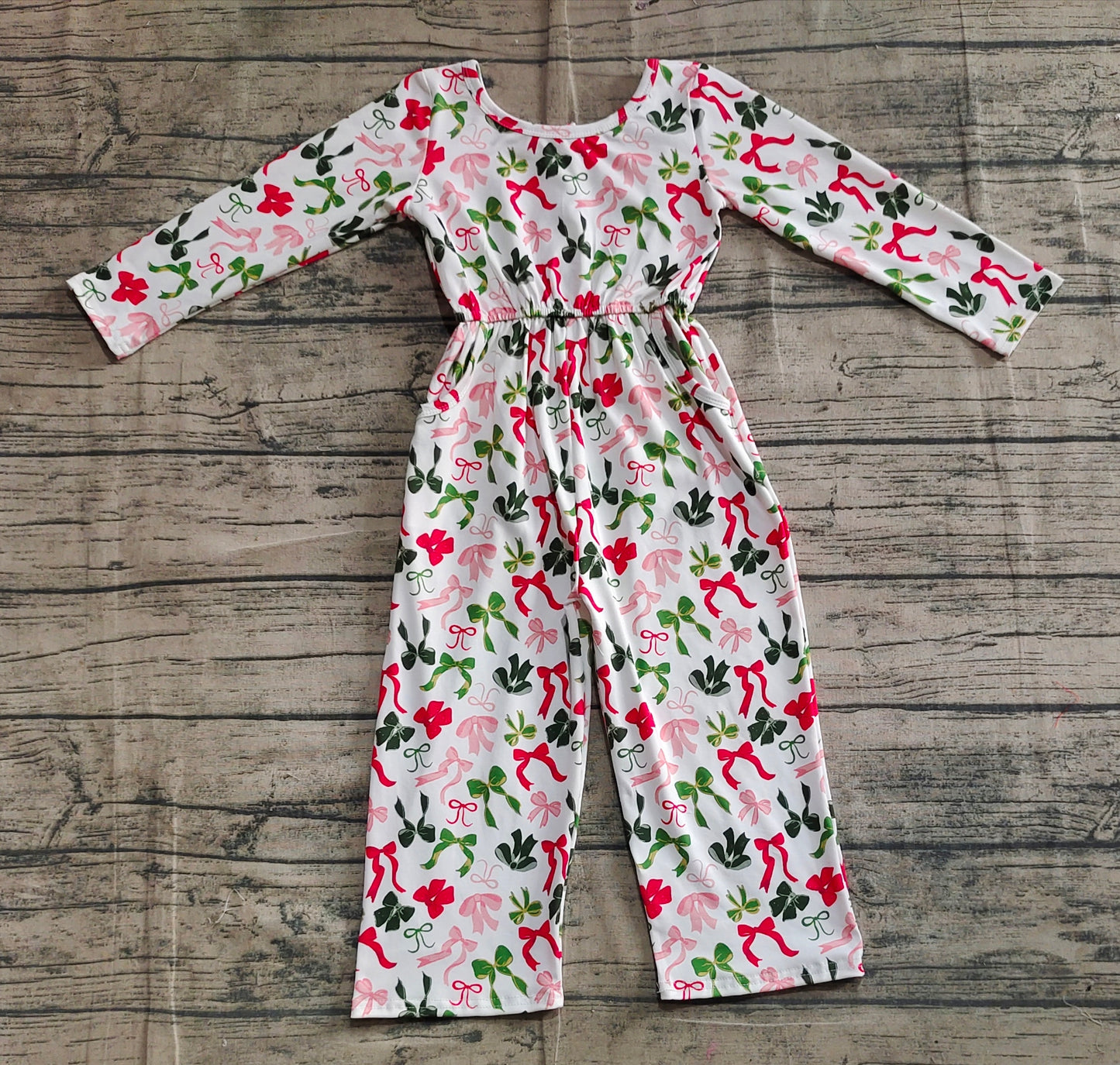 Baby Girls Christmas Colorful Bows Pockets Jumpsuits Rompers