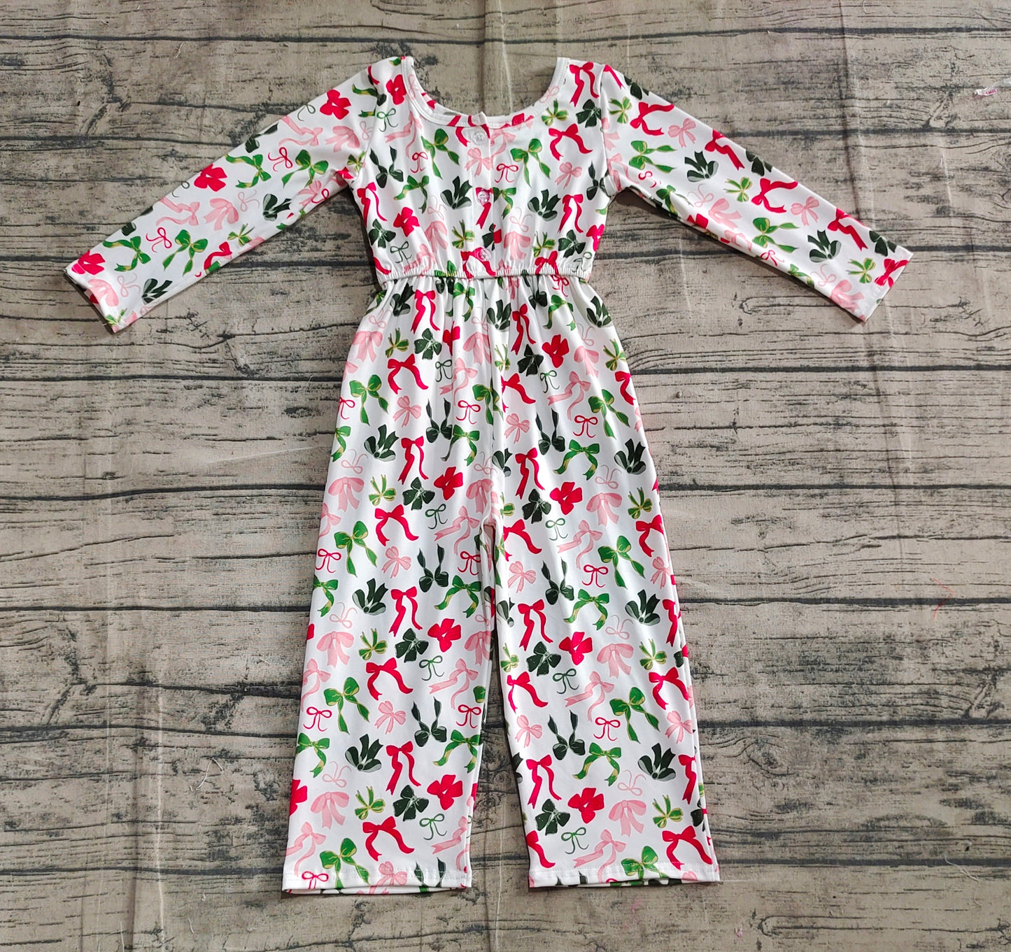 Baby Girls Christmas Colorful Bows Pockets Jumpsuits Rompers