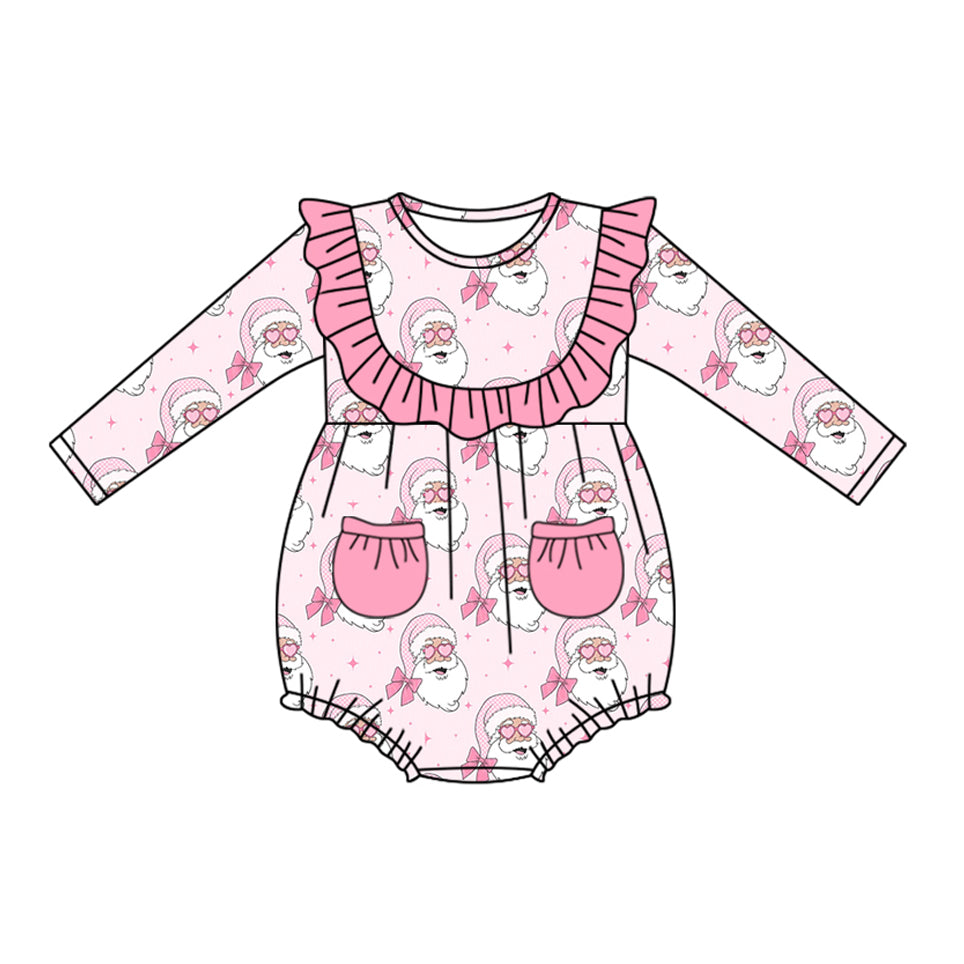 Baby Infant Girls Long Sleeves Pink Santa Pockets Ruffle Rompers Preorder