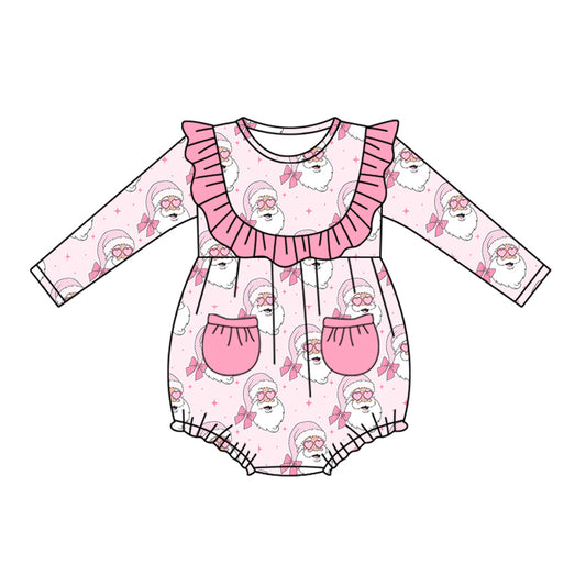 Baby Infant Girls Long Sleeves Pink Santa Pockets Ruffle Rompers Preorder