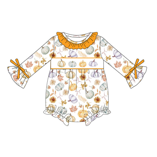 Preorder moq 5 Baby Girls Long Ruffle Sleeves Pumpkins Flowers Ruffle Rompers