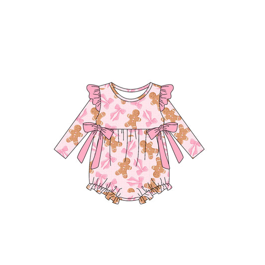 Preorder moq 5 Baby Girls Pink Long Sleeves Gingerbread Bows Ruffle Rompers